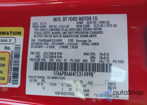 2015 Ford Mustang V6 из США, поврежденный, VIN 1FA6P8AM4F5314998